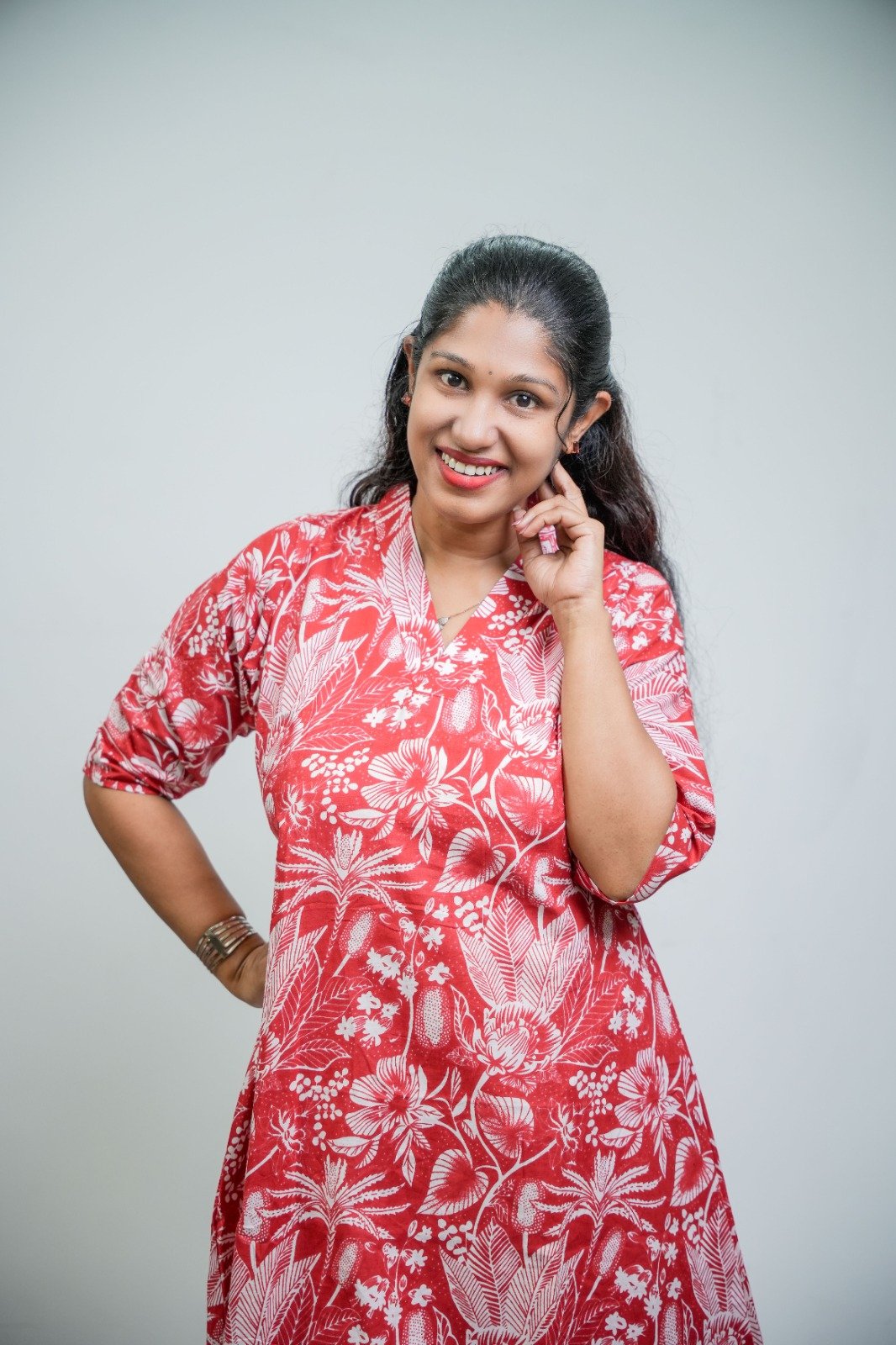 Crimson Floral Elegance A-Line Cotton Kurti