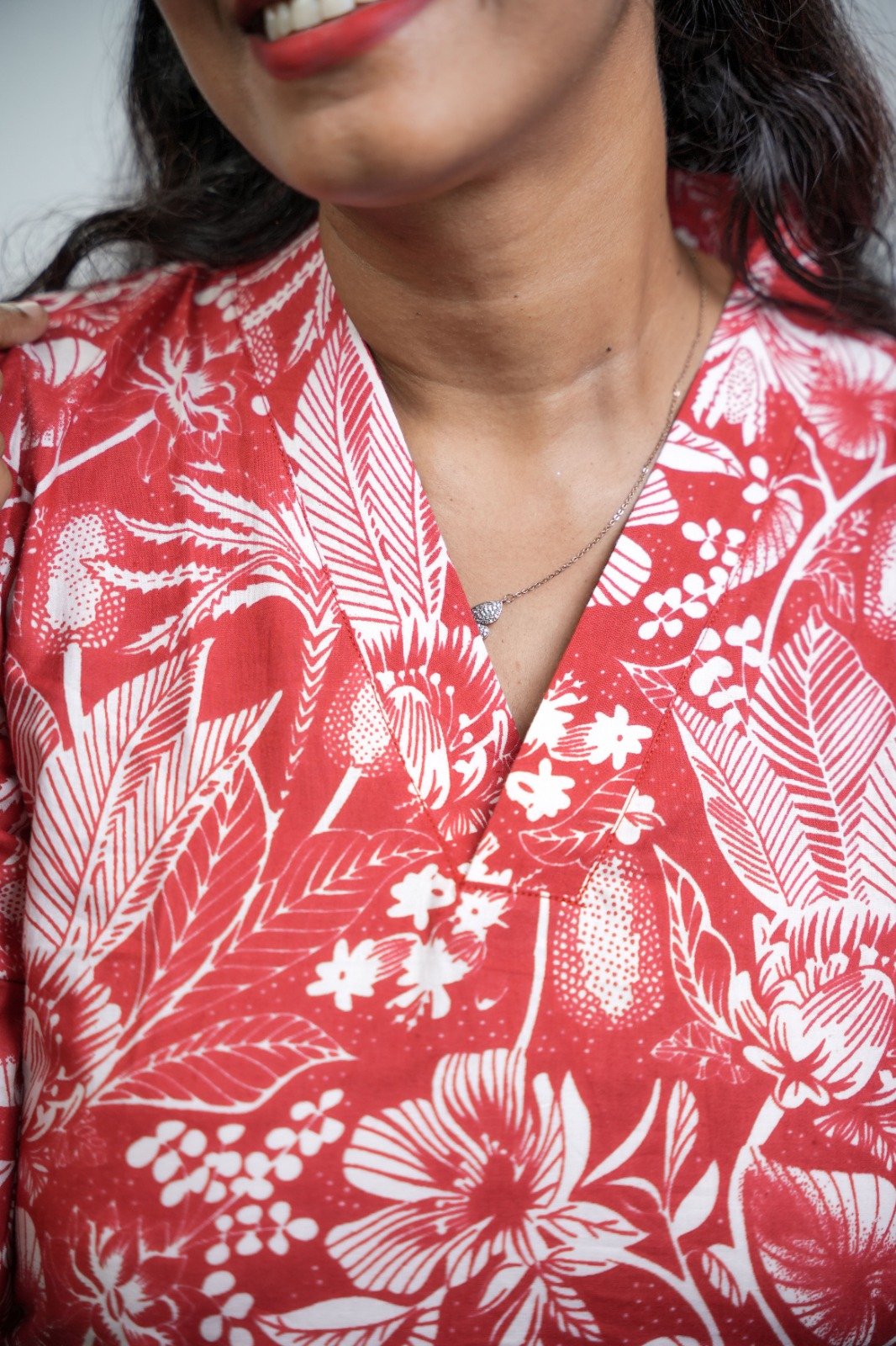 Crimson Floral Elegance A-Line Cotton Kurti