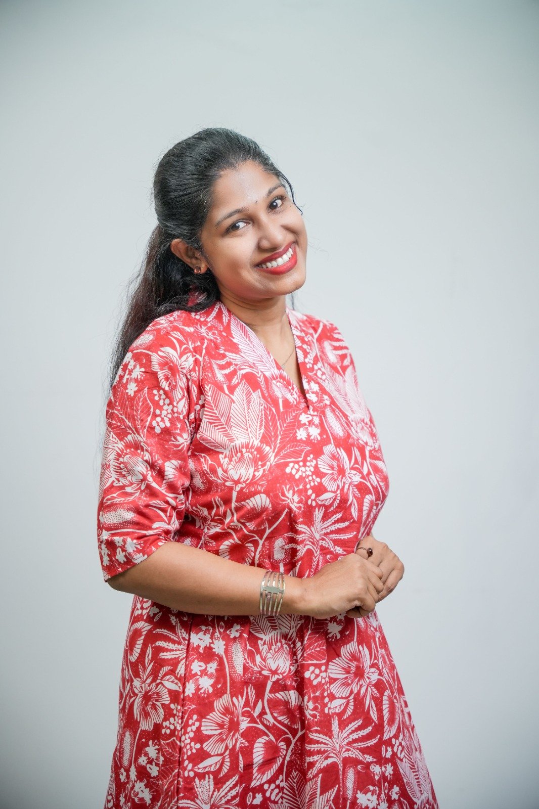 Crimson Floral Elegance A-Line Cotton Kurti