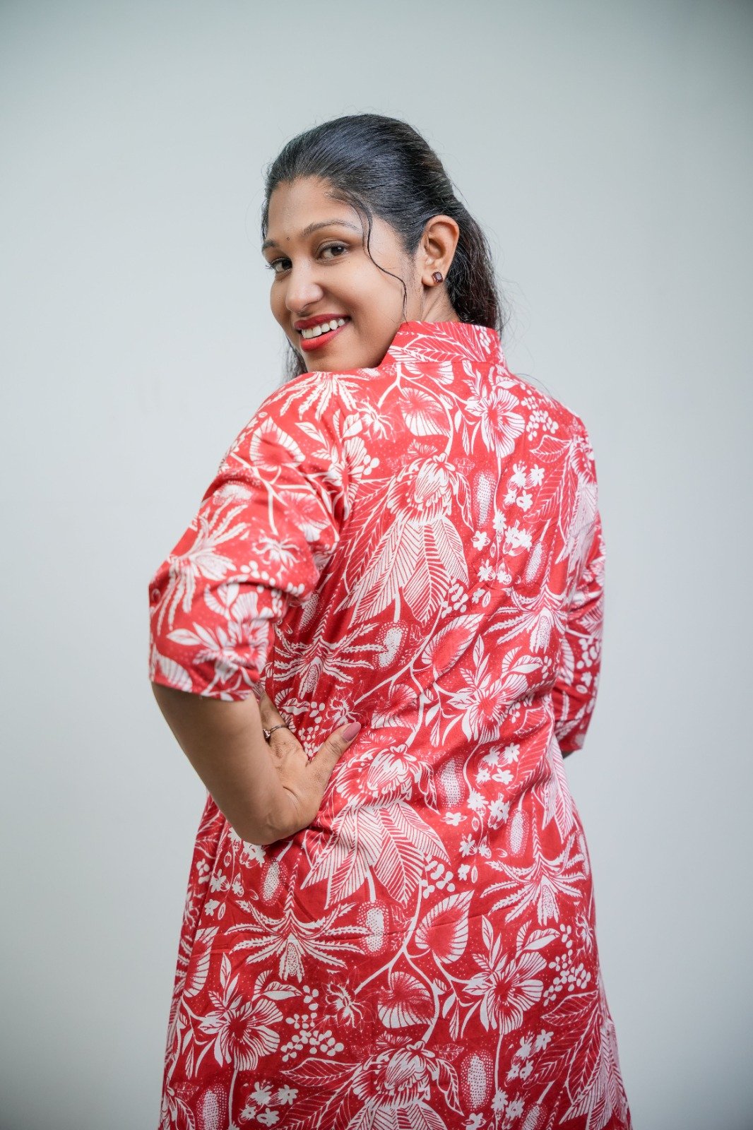 Crimson Floral Elegance A-Line Cotton Kurti