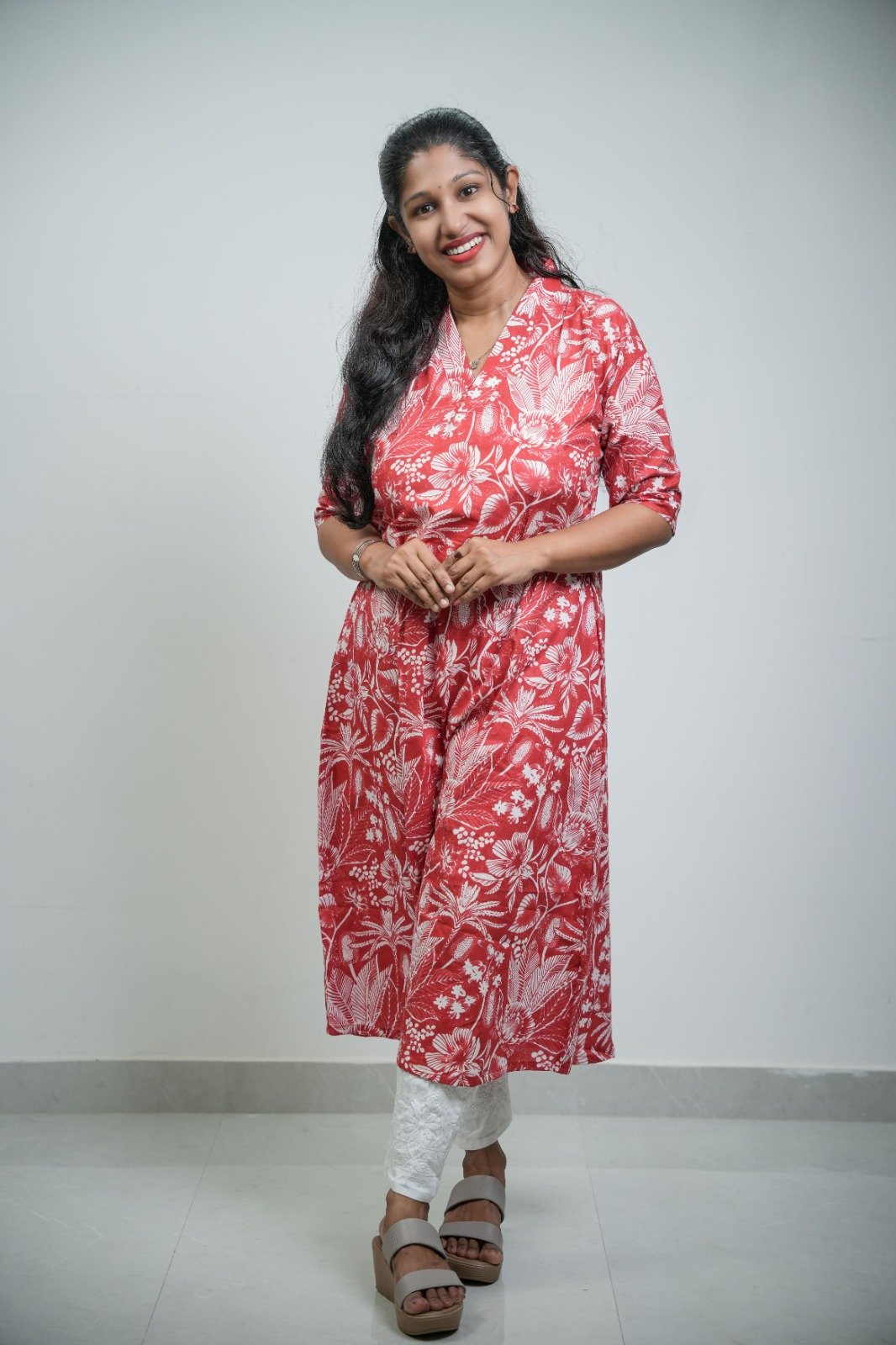 Crimson Floral Elegance A-Line Cotton Kurti