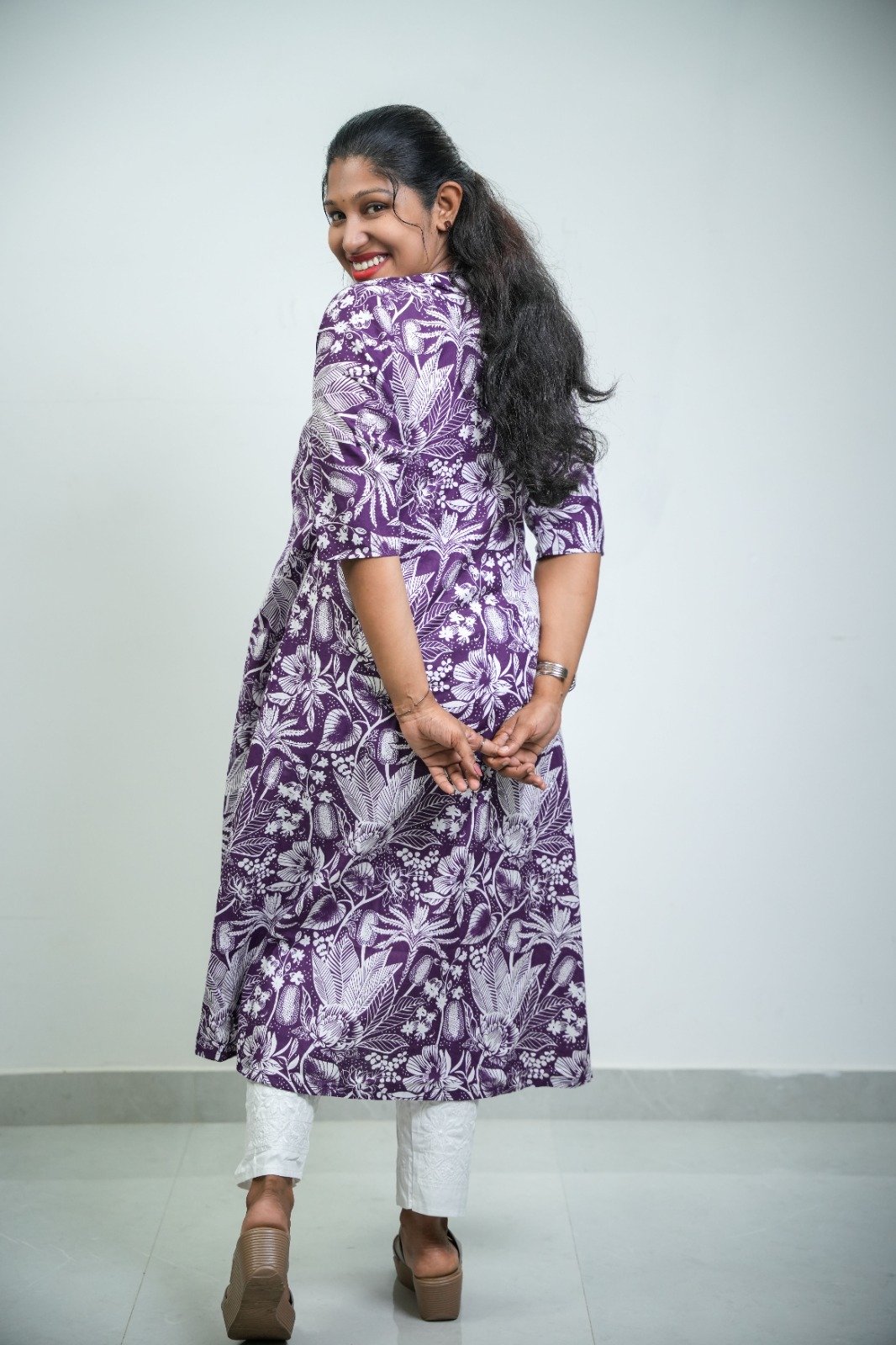 Royal Purple Floral A-Line Cotton Kurti