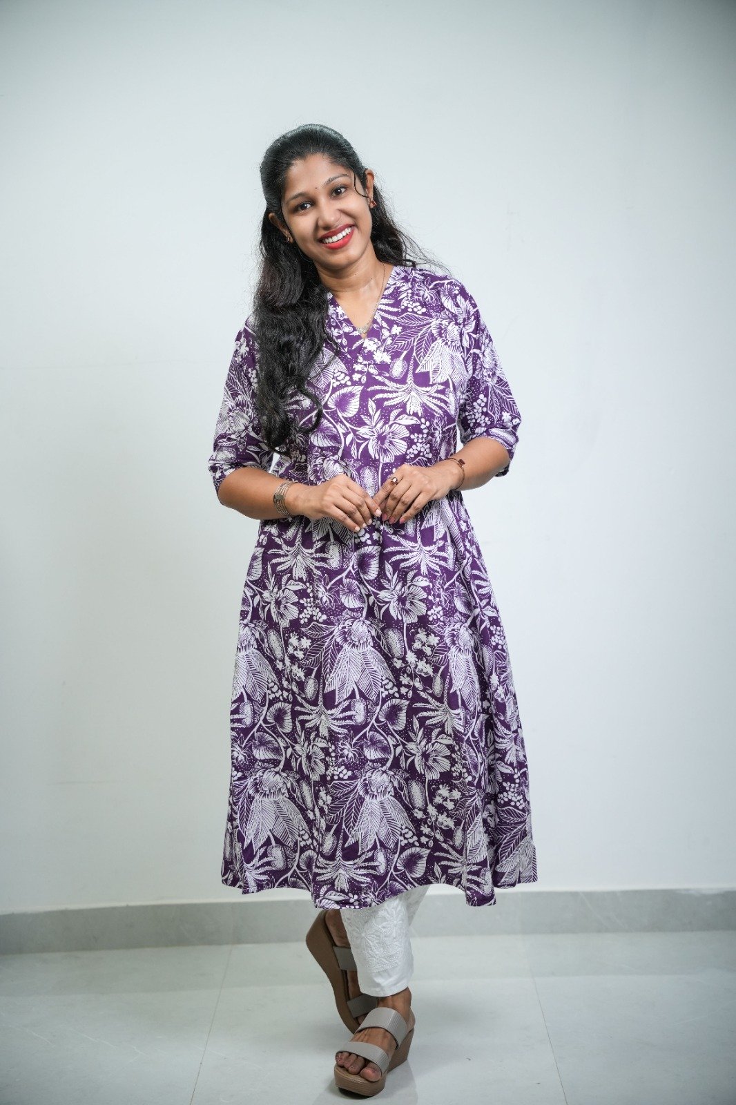 Royal Purple Floral A-Line Cotton Kurti