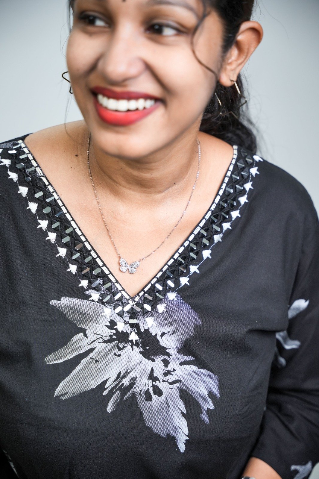 Midnight Bloom Floral Printed Short Cotton-Blend Kurti
