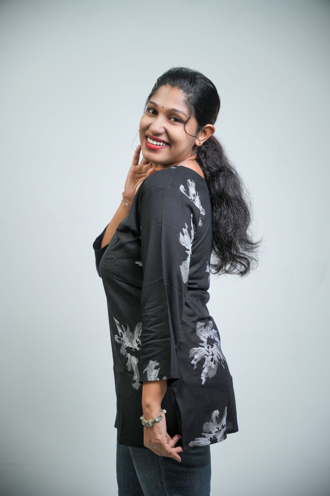 Midnight Bloom Floral Printed Short Cotton-Blend Kurti
