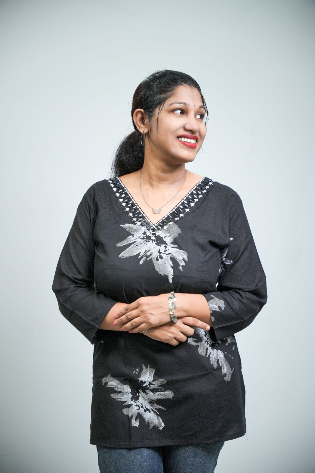 Midnight Bloom Floral Printed Short Cotton-Blend Kurti