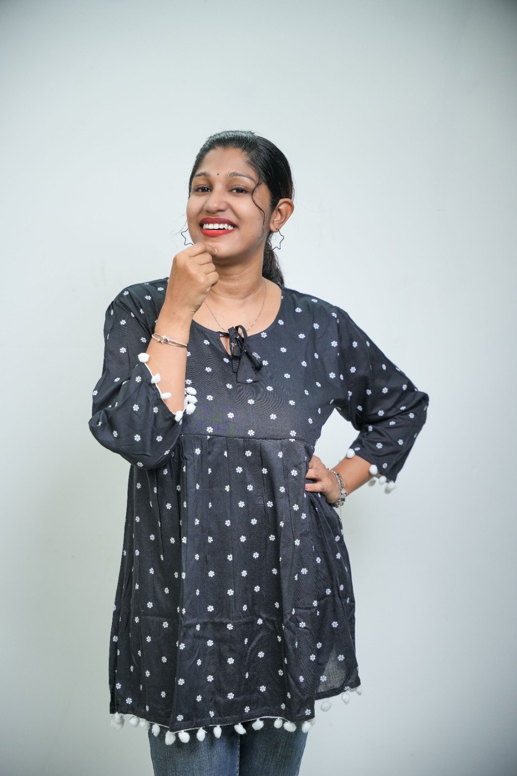Midnight Polka Dot Short Gathered Tunic Kurti with Pom-Pom Trim