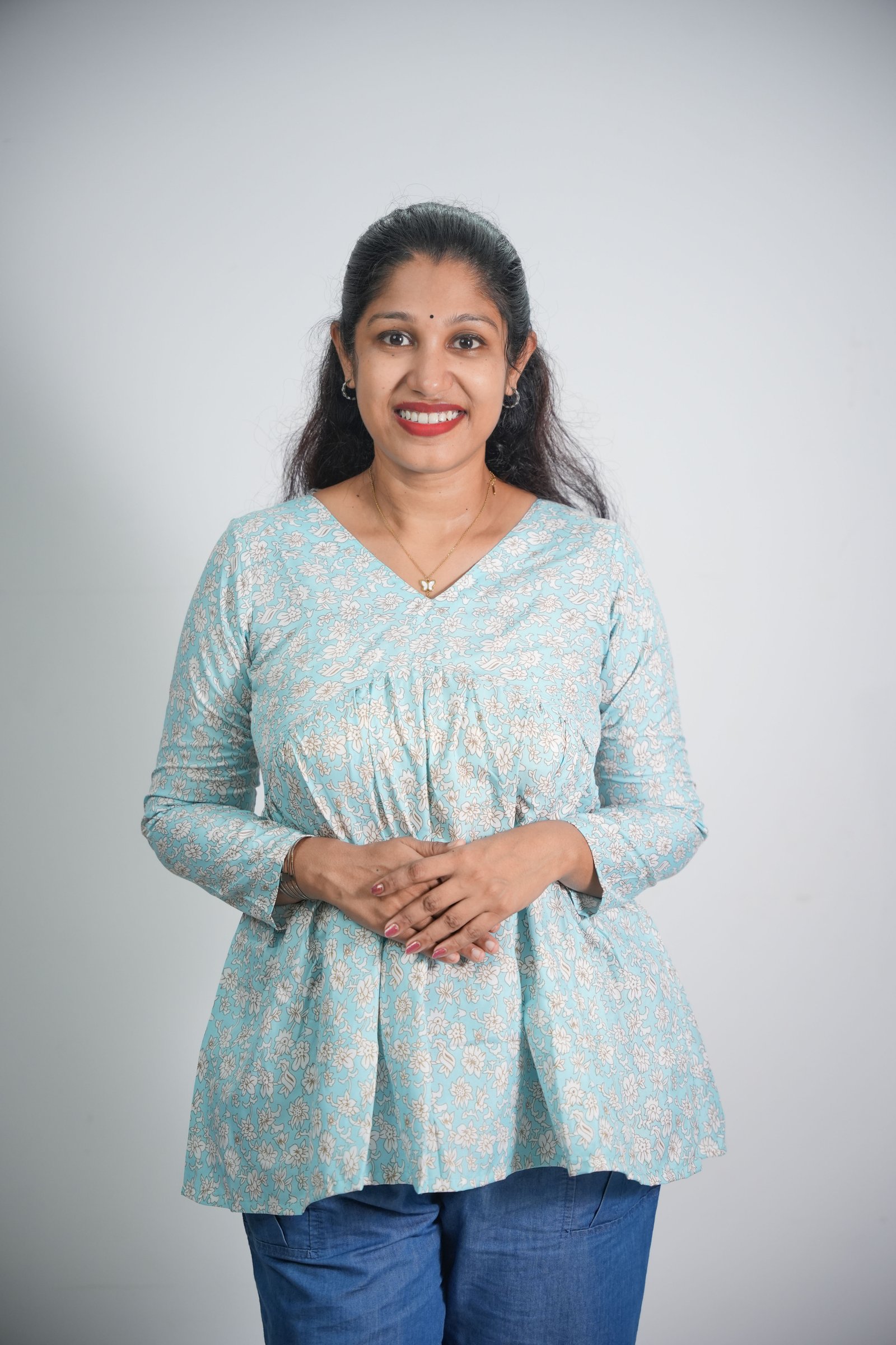 Womens Light Blue Crepe Printed V-Neck Floral Print Short Kurti