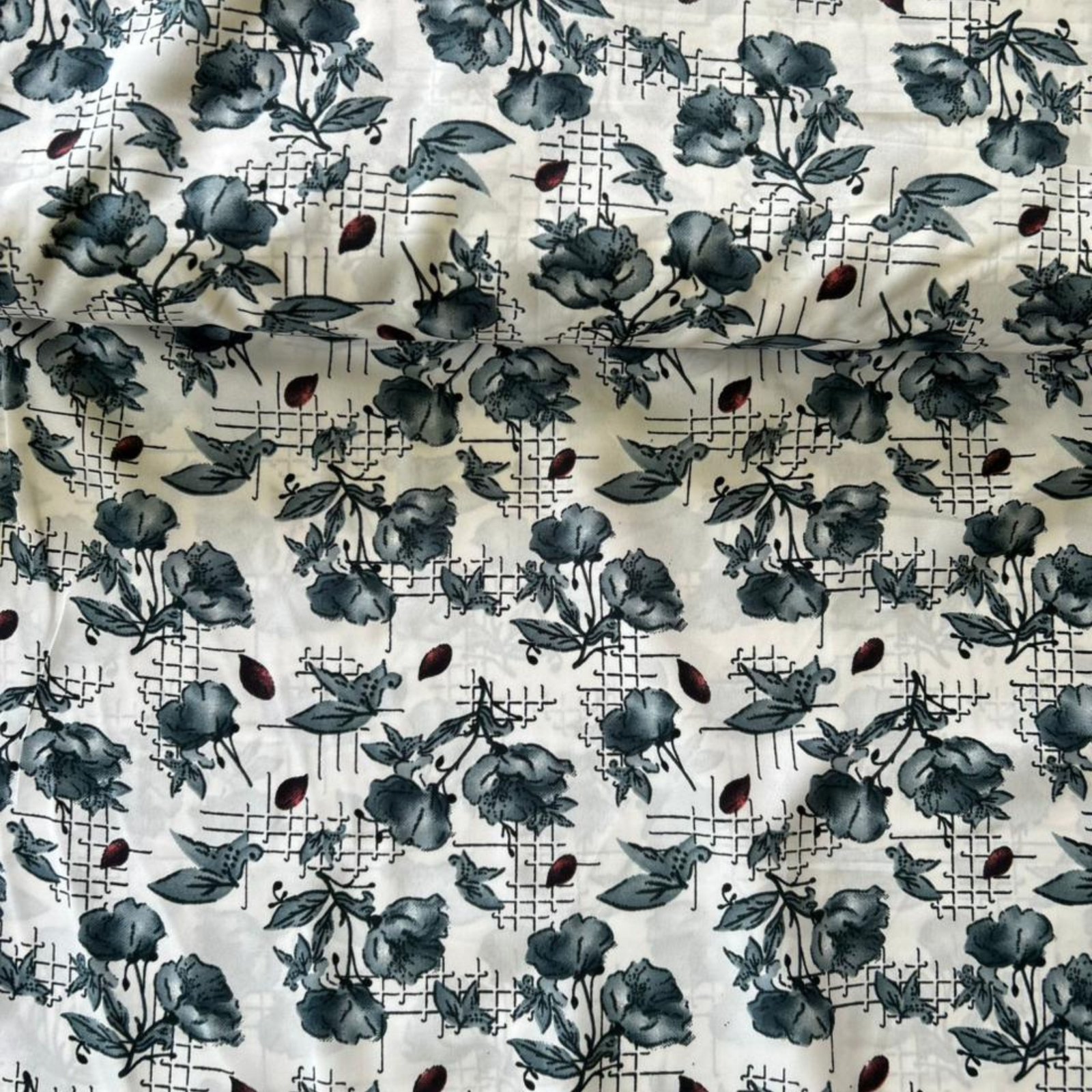 Premium Off-White and Grey Floral Abstract Printed Crepe Fabric