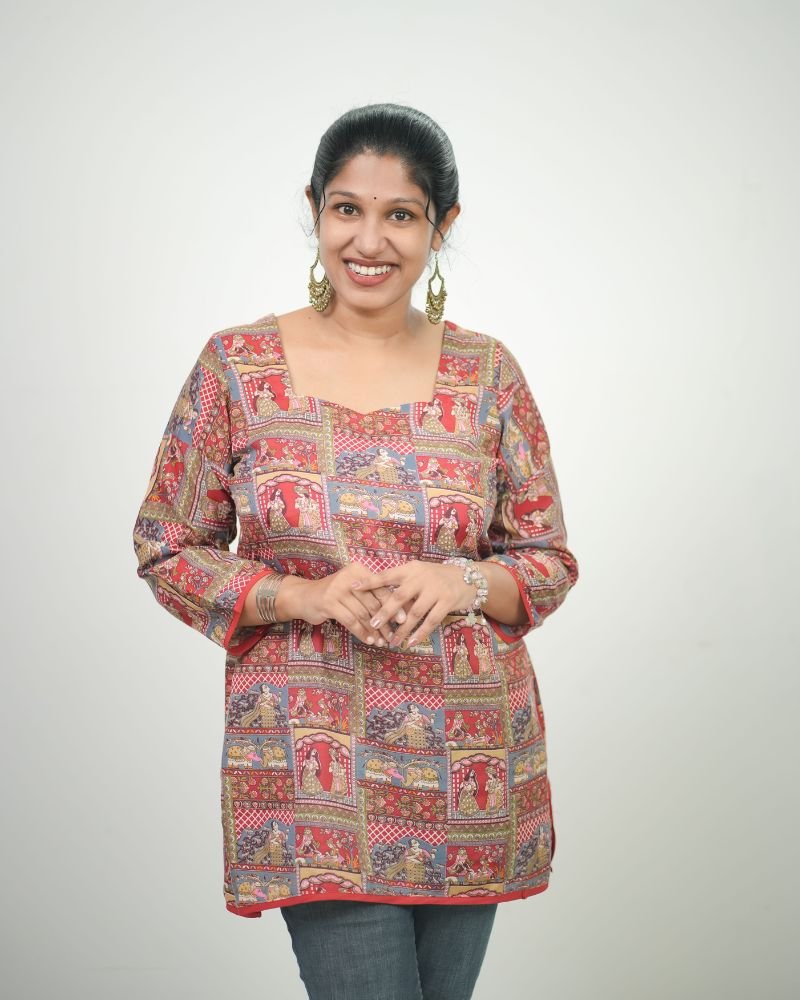 Women Ethnic Traditional Printed PC Cotton Short Kurti Red Multi