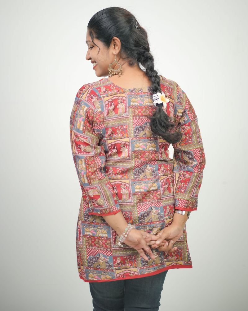 Women Ethnic Traditional Printed PC Cotton Short Kurti Red Multi
