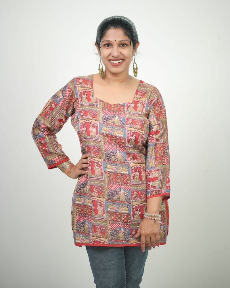 Women Ethnic Traditional Printed PC Cotton Short Kurti Red Multi