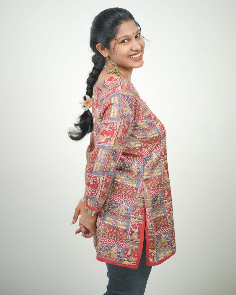Women Ethnic Traditional Printed PC Cotton Short Kurti Red Multi