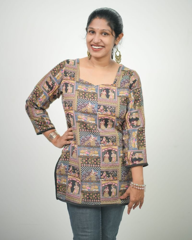 Women Ethnic Traditional Printed PC Cotton Short Kurti (Black Multi )