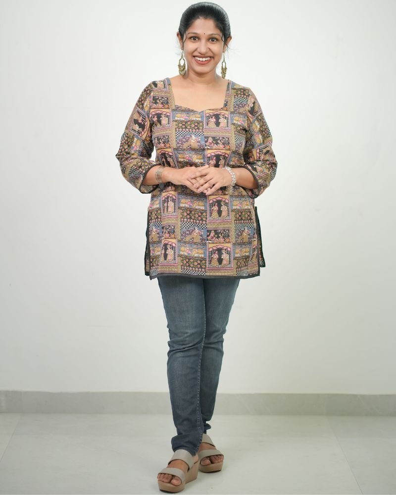 Women Ethnic Traditional Printed PC Cotton Short Kurti (Black Multi )