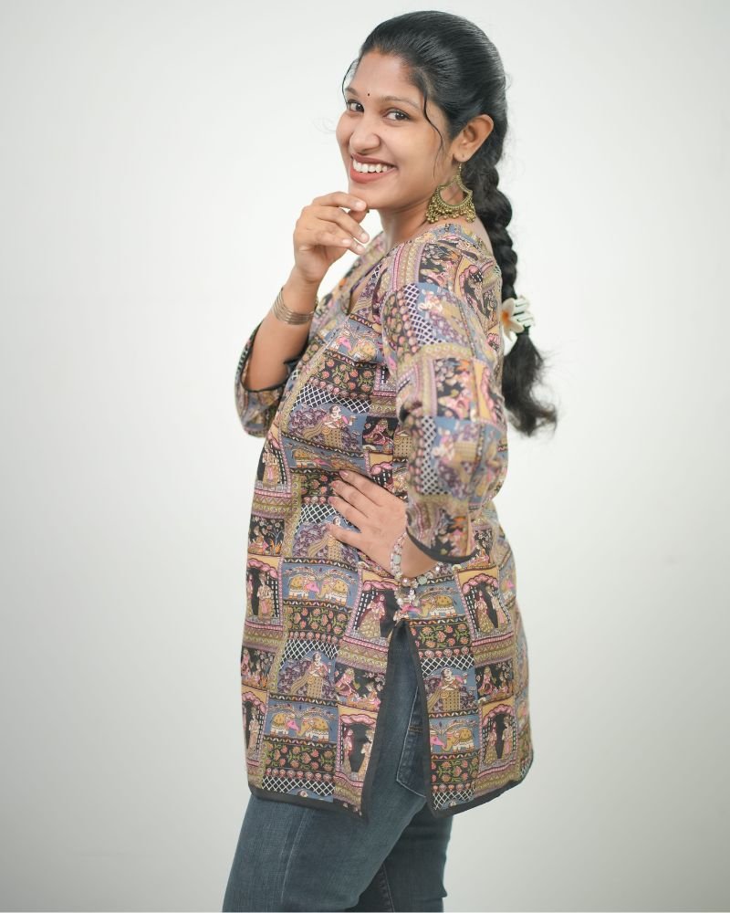 Women Ethnic Traditional Printed PC Cotton Short Kurti (Black Multi )