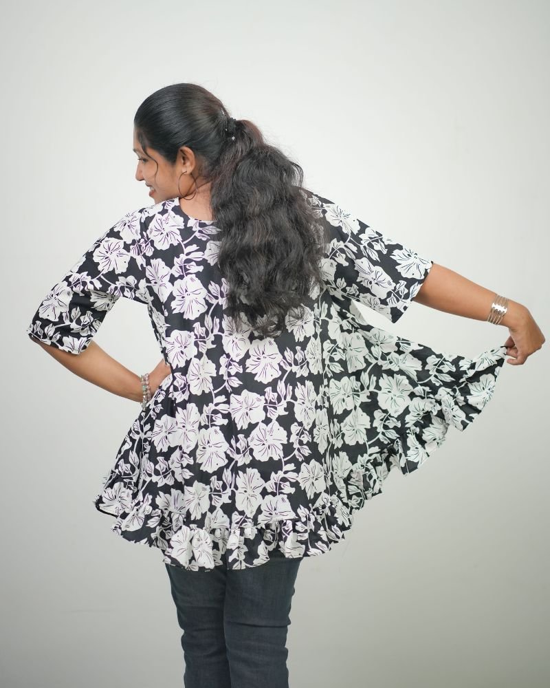 Women Floral Printed Crepe Umbrella Model Short Kurti (Black &amp; White)