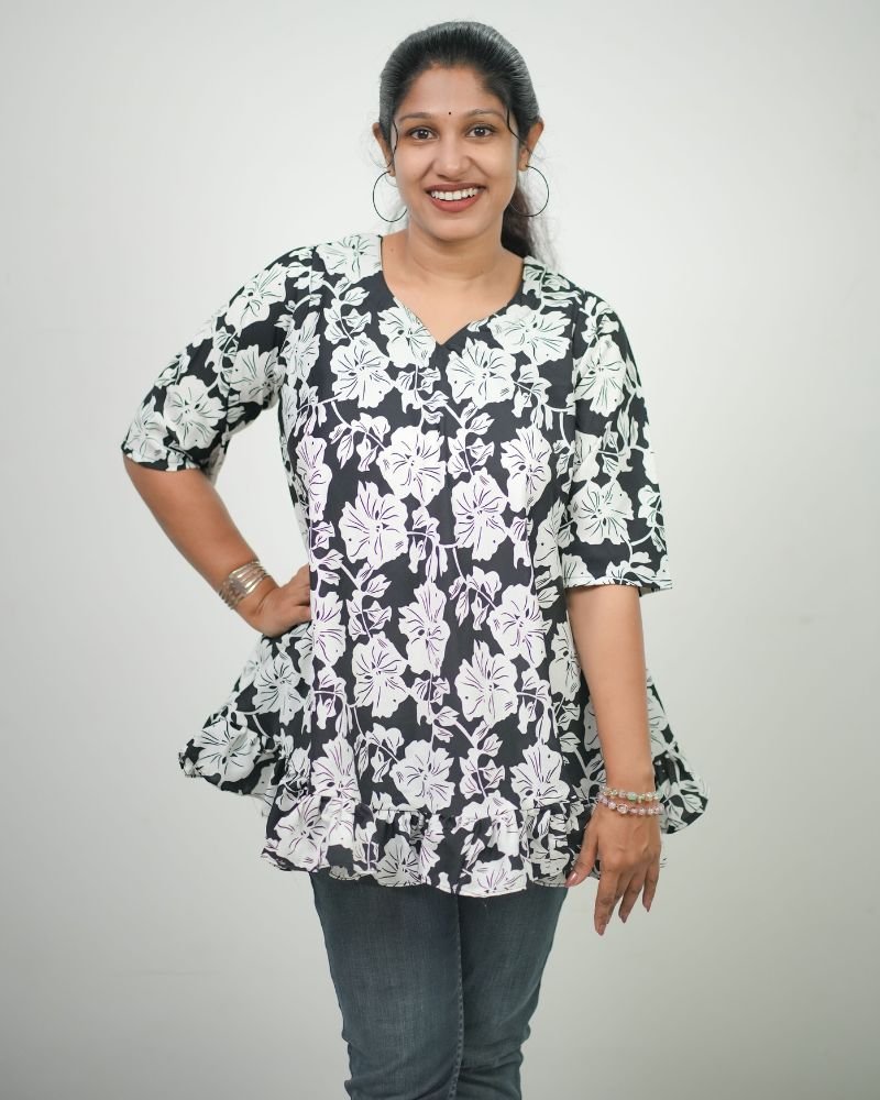 Women Floral Printed Crepe Umbrella Model Short Kurti (Black &amp; White)