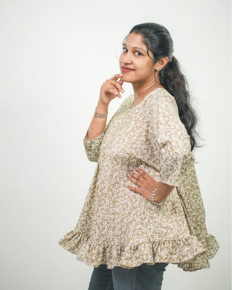 Women Floral Printed Crepe Umbrella Model Short Kurti (Olive Green)
