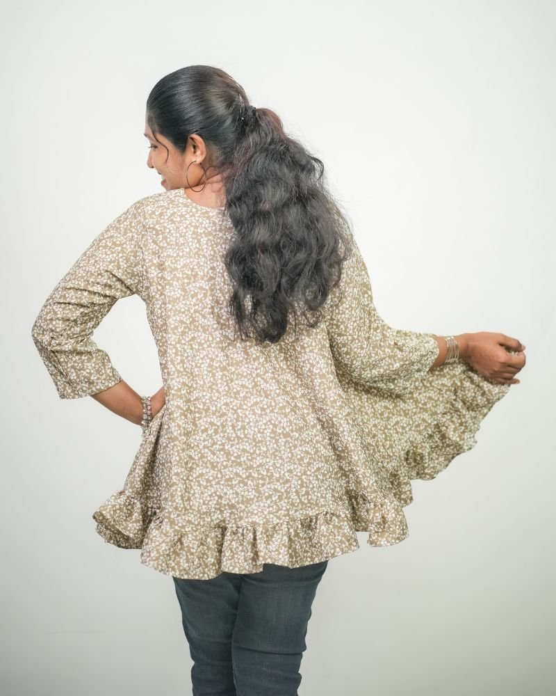 Women Floral Printed Crepe Umbrella Model Short Kurti (Olive Green)