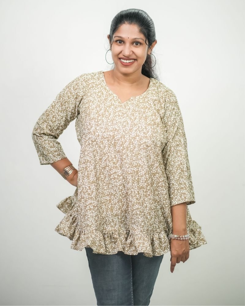 Women Floral Printed Crepe Umbrella Model Short Kurti (Olive Green)