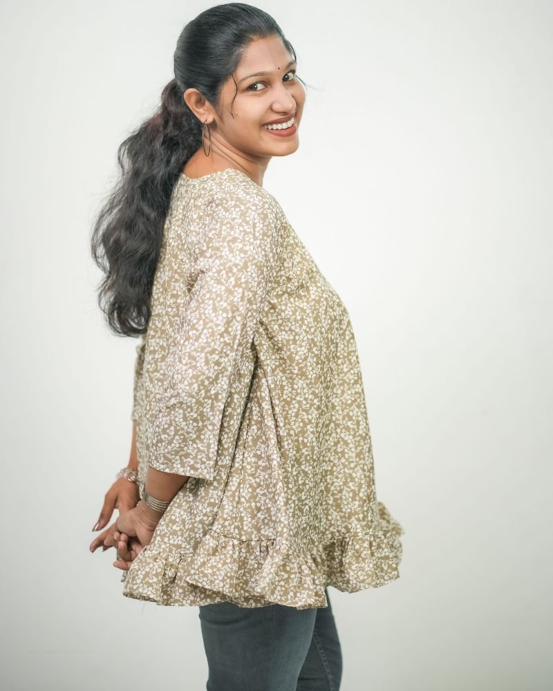 Women Floral Printed Crepe Umbrella Model Short Kurti (Olive Green)