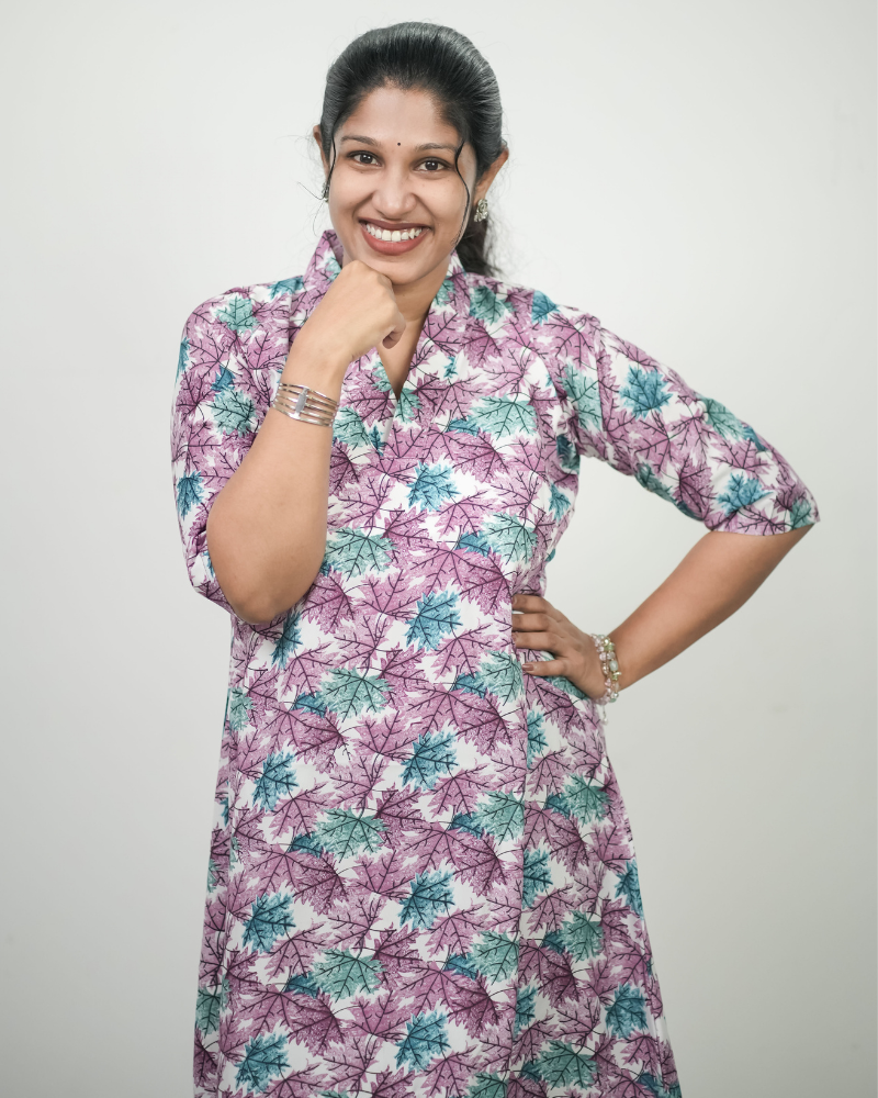 Women Printed Crepe A-Line Kurti - Purple &amp; Teal Leaf Print (Only Top)