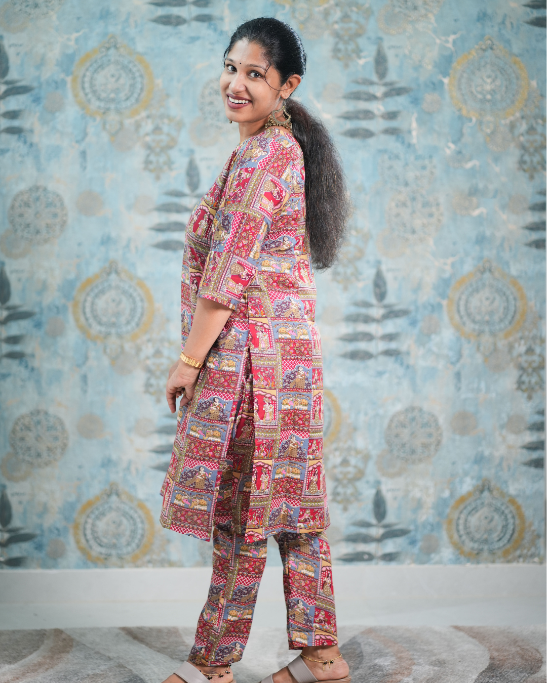 Traditional Figurative Print Cotton Blend Co-Ord Set
