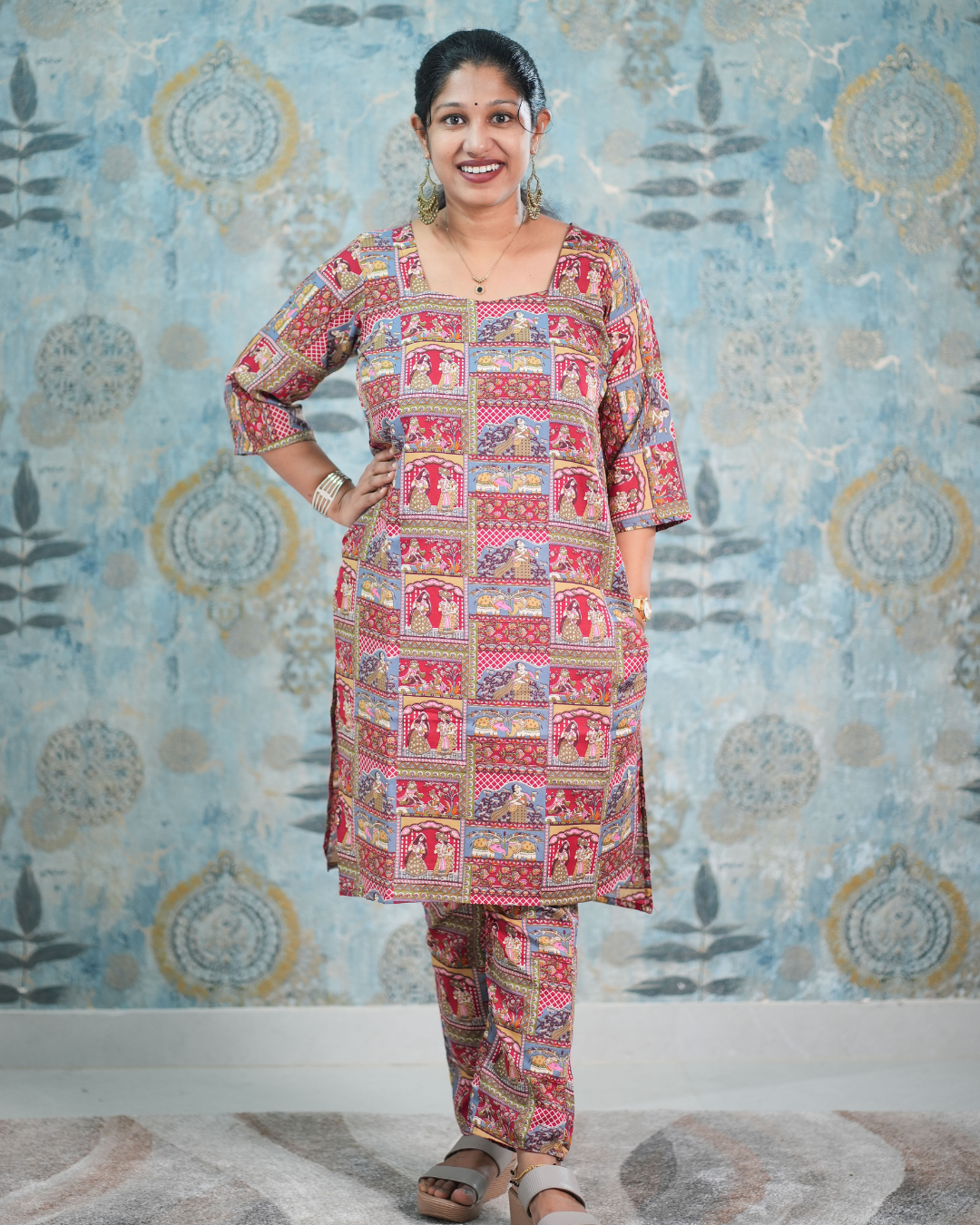 Traditional Figurative Print Cotton Blend Co-Ord Set