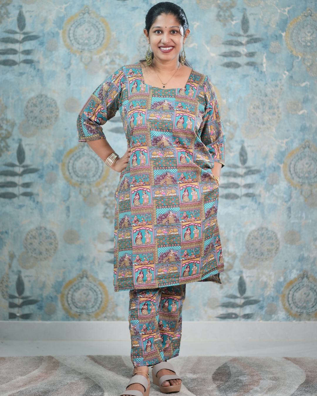 Teal Blue Traditional Print Cotton Blend Co-Ord Set