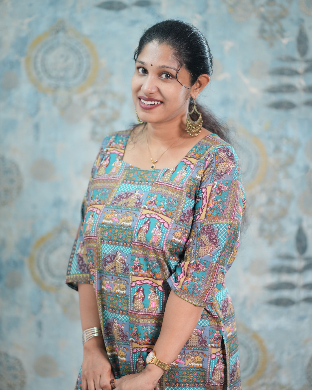 Teal Blue Traditional Print Cotton Blend Co-Ord Set