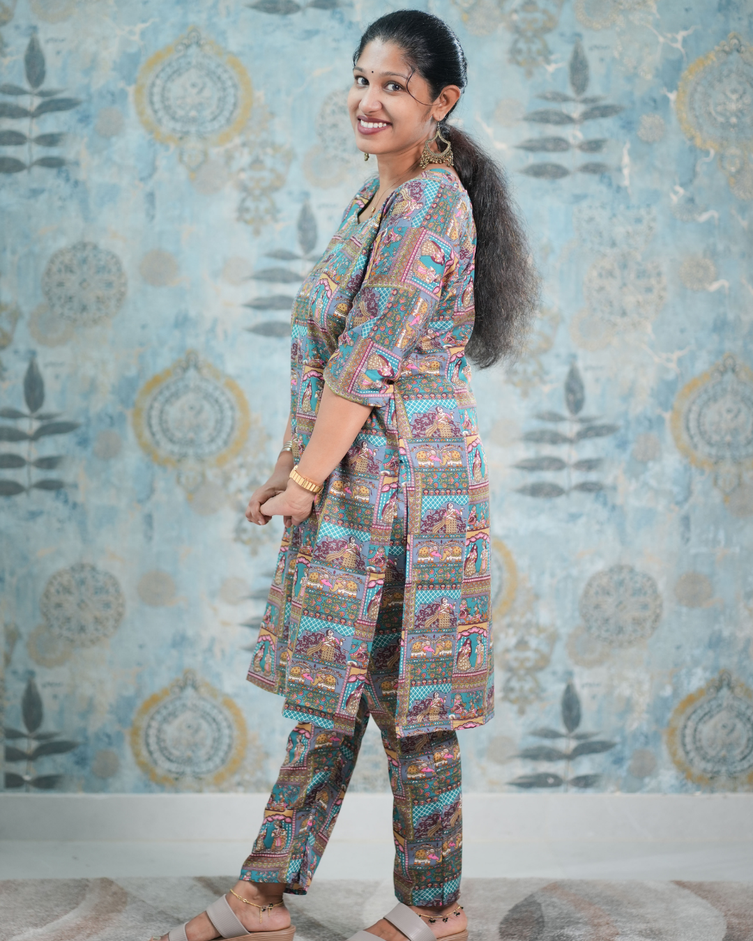 Teal Blue Traditional Print Cotton Blend Co-Ord Set