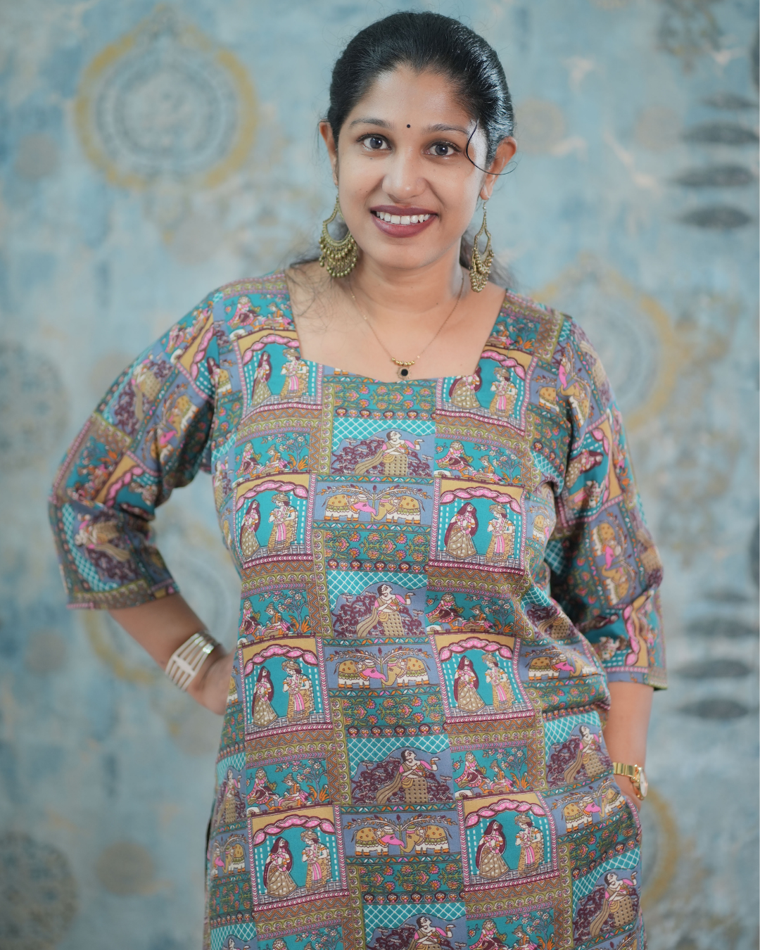 Teal Blue Traditional Print Cotton Blend Co-Ord Set
