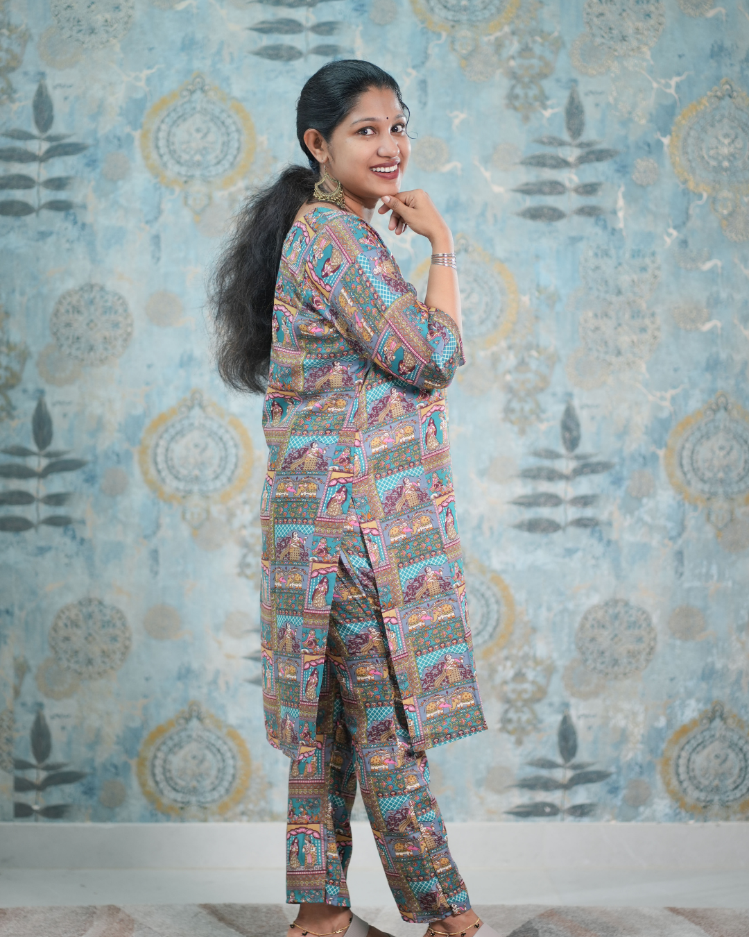 Teal Blue Traditional Print Cotton Blend Co-Ord Set