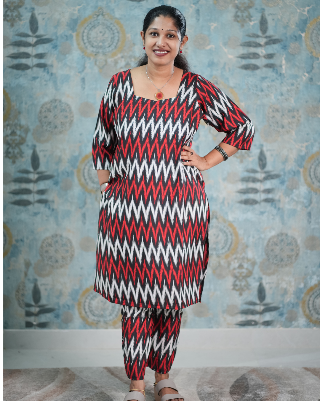 Red &amp; Black Ikat Zig-Zag Print French Crepe Co-Ord Set