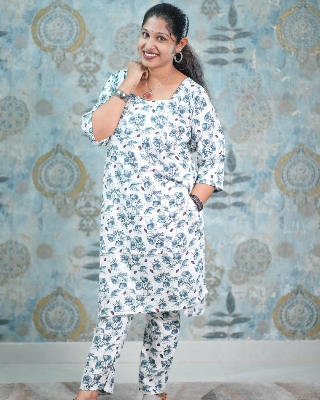White and Blue Floral Print French Crepe Co-Ord Set