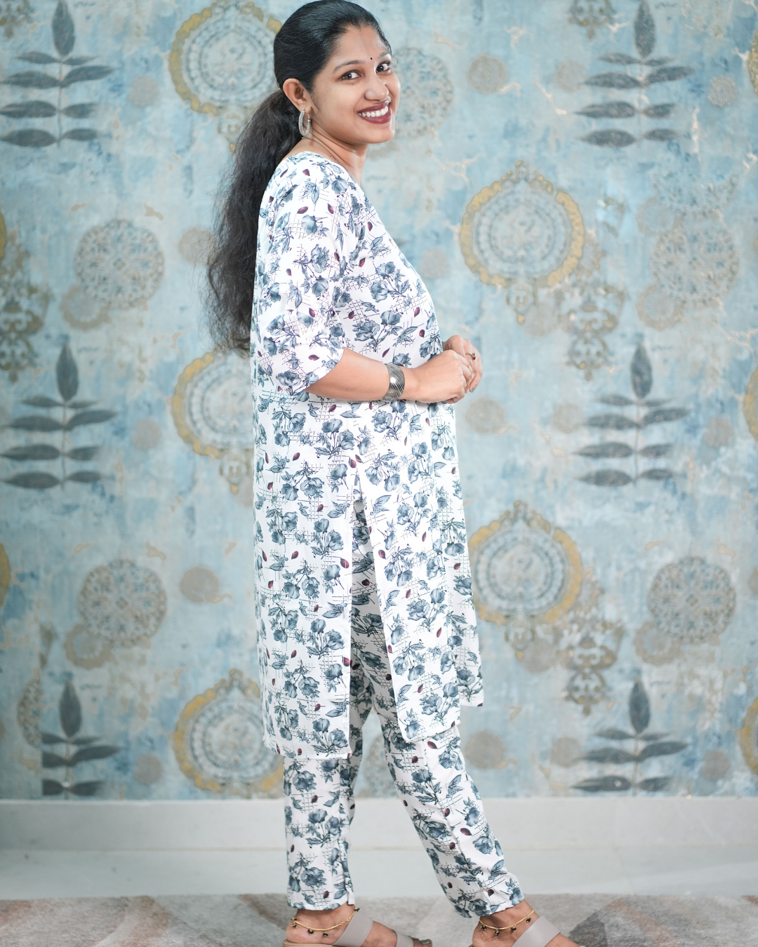 White and Blue Floral Print French Crepe Co-Ord Set