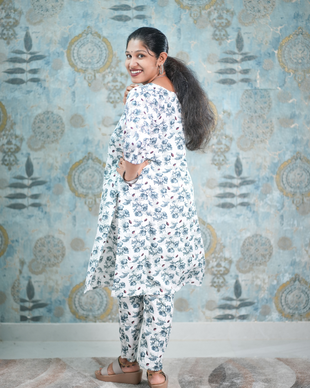 White and Blue Floral Print French Crepe Co-Ord Set