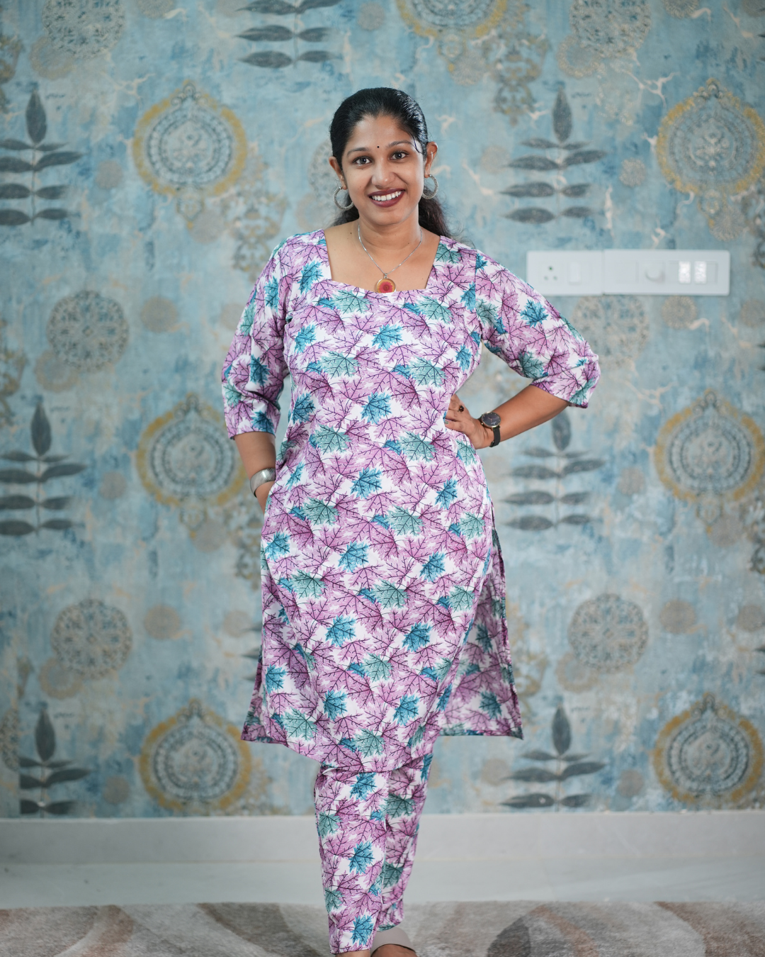 Purple and Teal Maple Leaf Print French Crepe Co-Ord Set