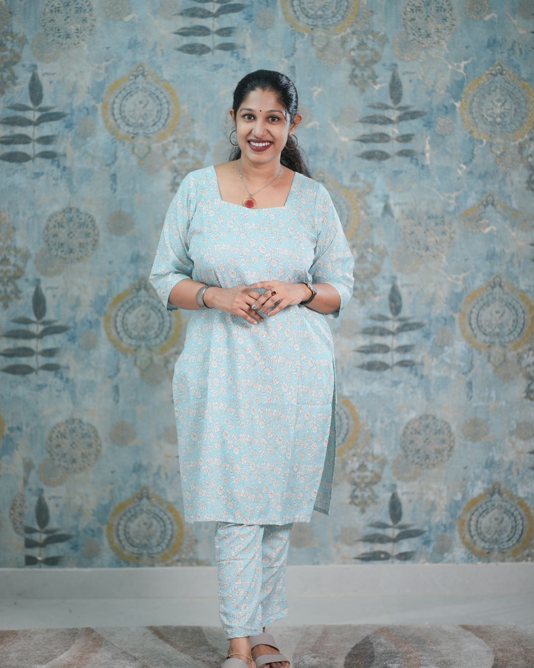 Sky Blue Floral Print Butter Crepe Co-Ord Set