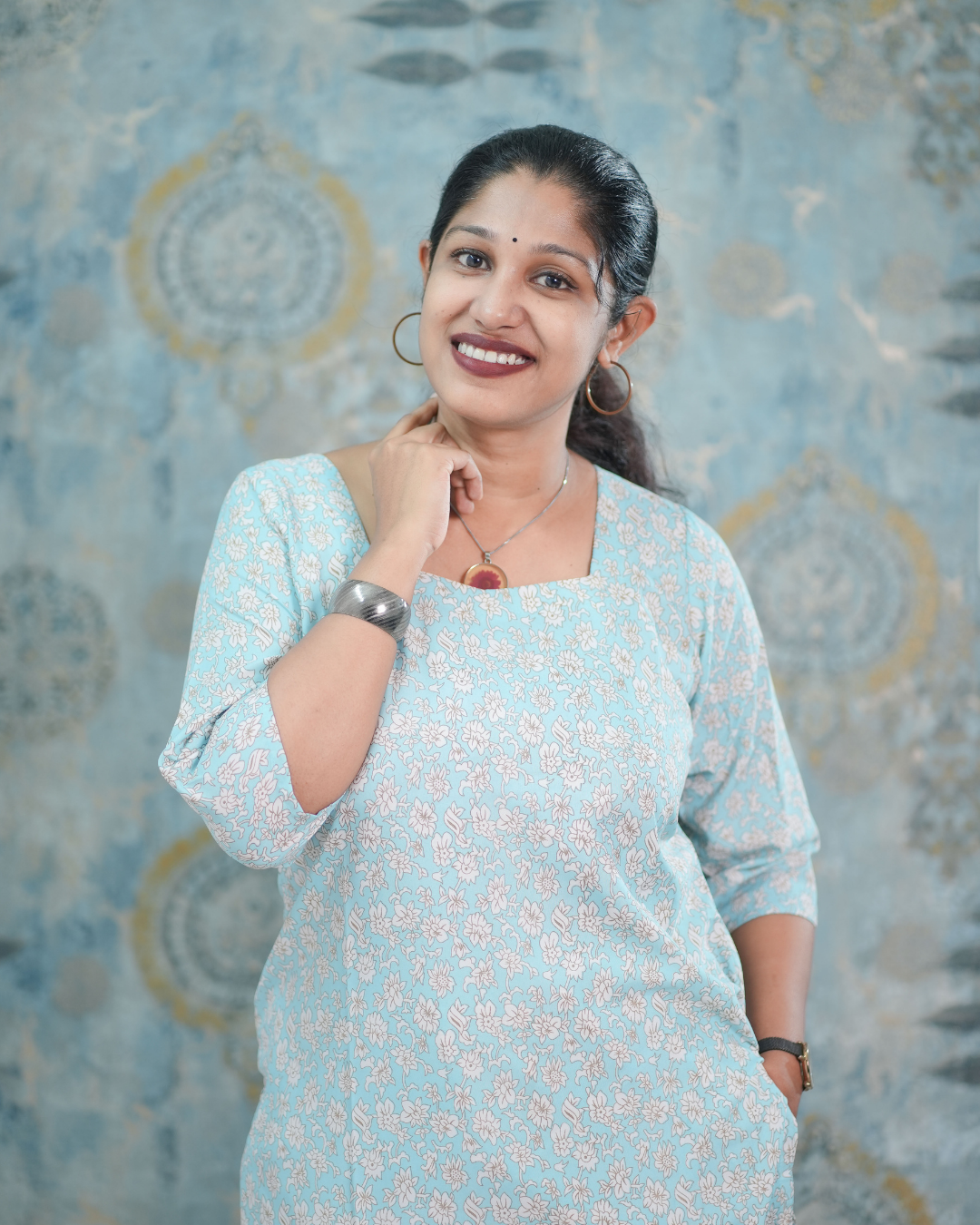 Sky Blue Floral Print Butter Crepe Co-Ord Set