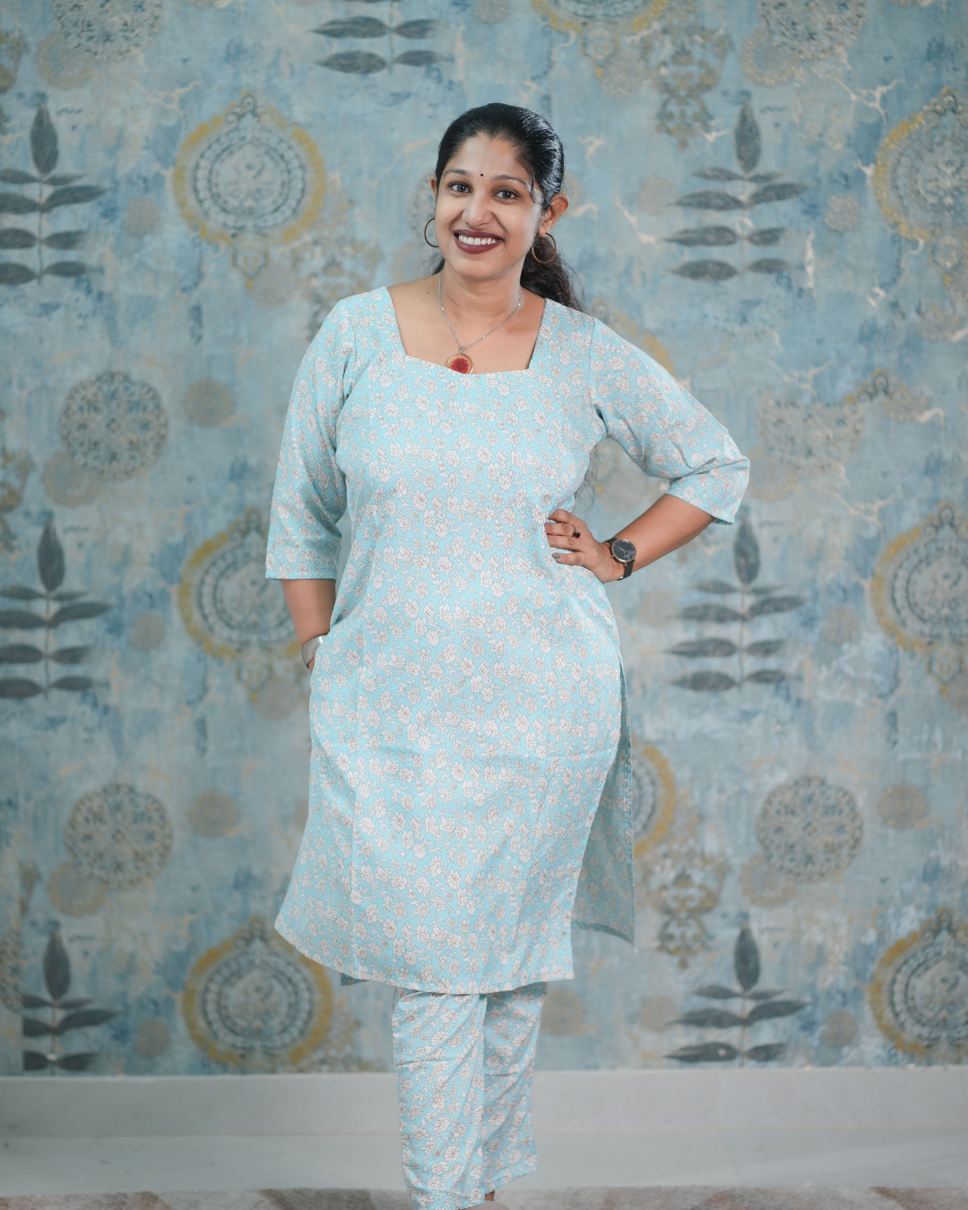 Sky Blue Floral Print Butter Crepe Co-Ord Set