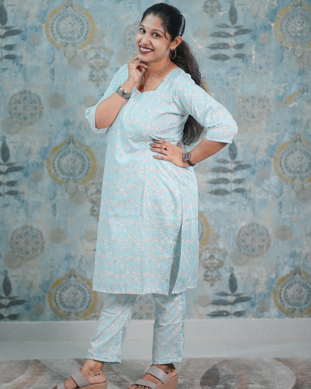 Sky Blue Floral Print Butter Crepe Co-Ord Set