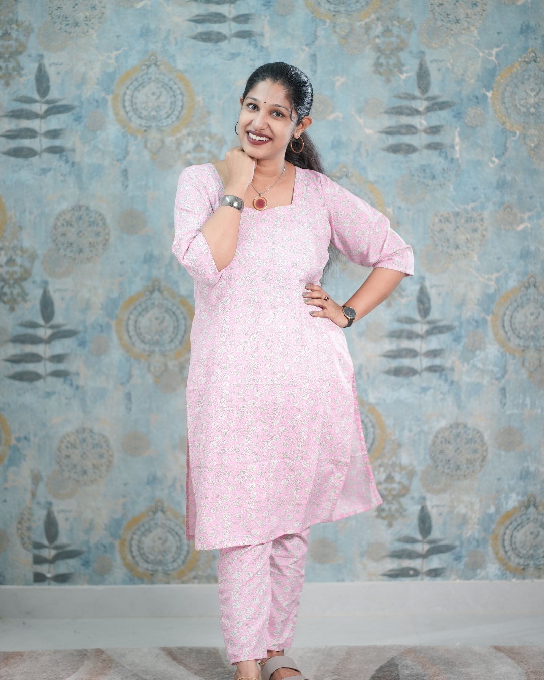 Baby Pink Floral Print Butter Crepe Co-Ord Set