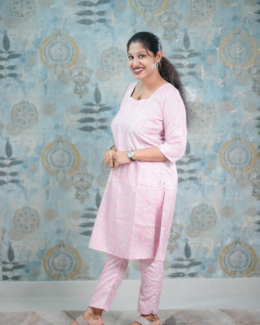 Baby Pink Floral Print Butter Crepe Co-Ord Set