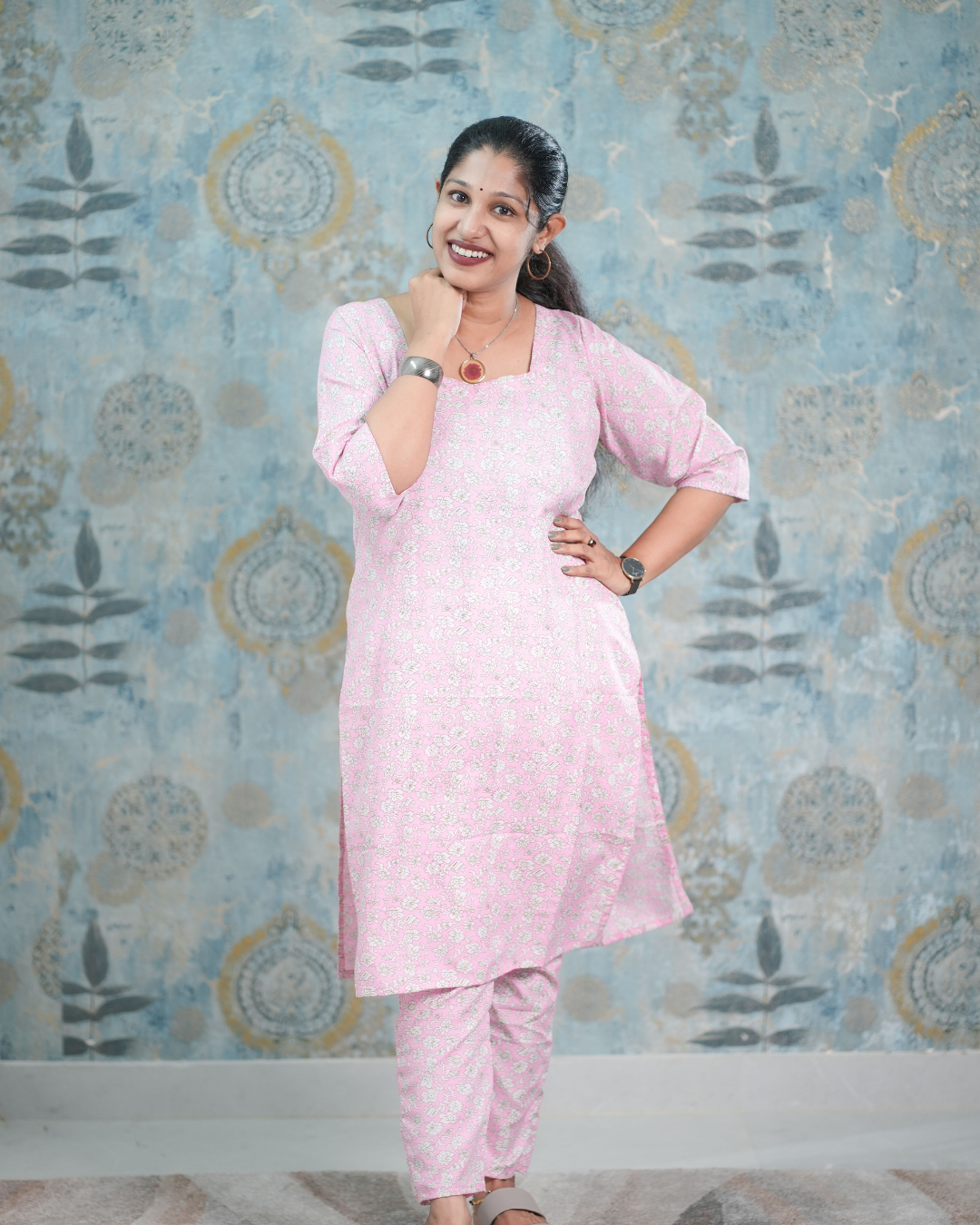 Baby Pink Floral Print Butter Crepe Co-Ord Set