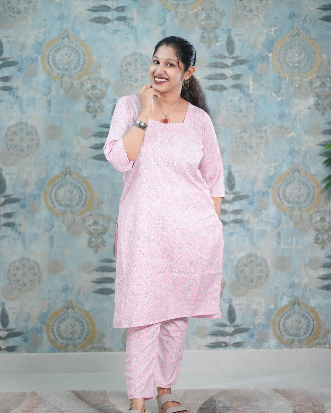 Baby Pink Floral Print Butter Crepe Co-Ord Set