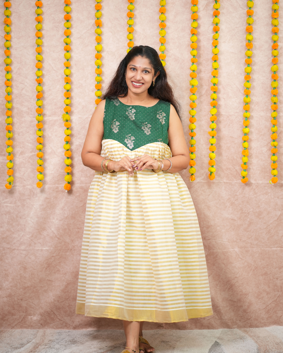 Bottle Green Vichithra Silk and Golden Tissue Festive Flare Dress