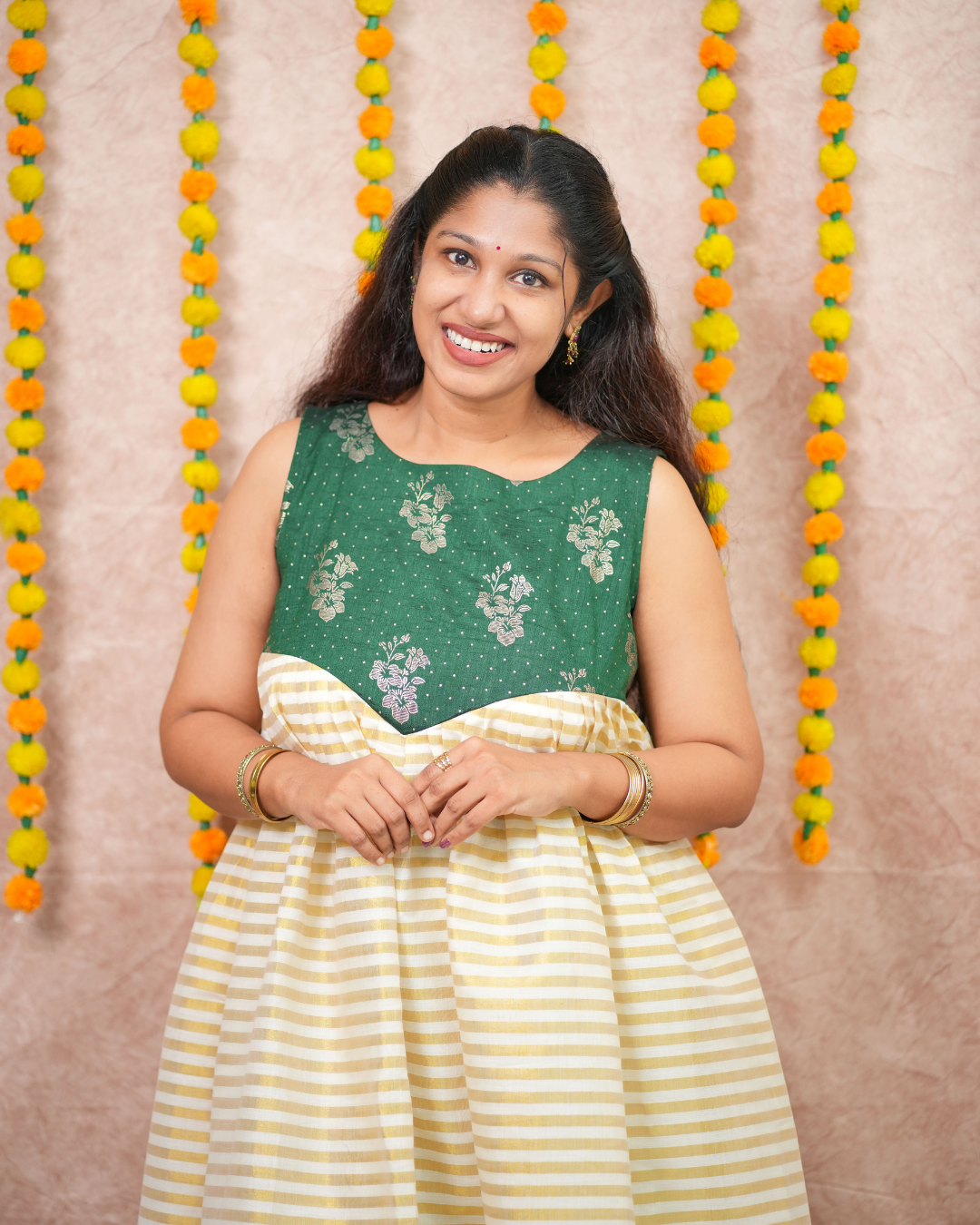 Bottle Green Vichithra Silk and Golden Tissue Festive Flare Dress