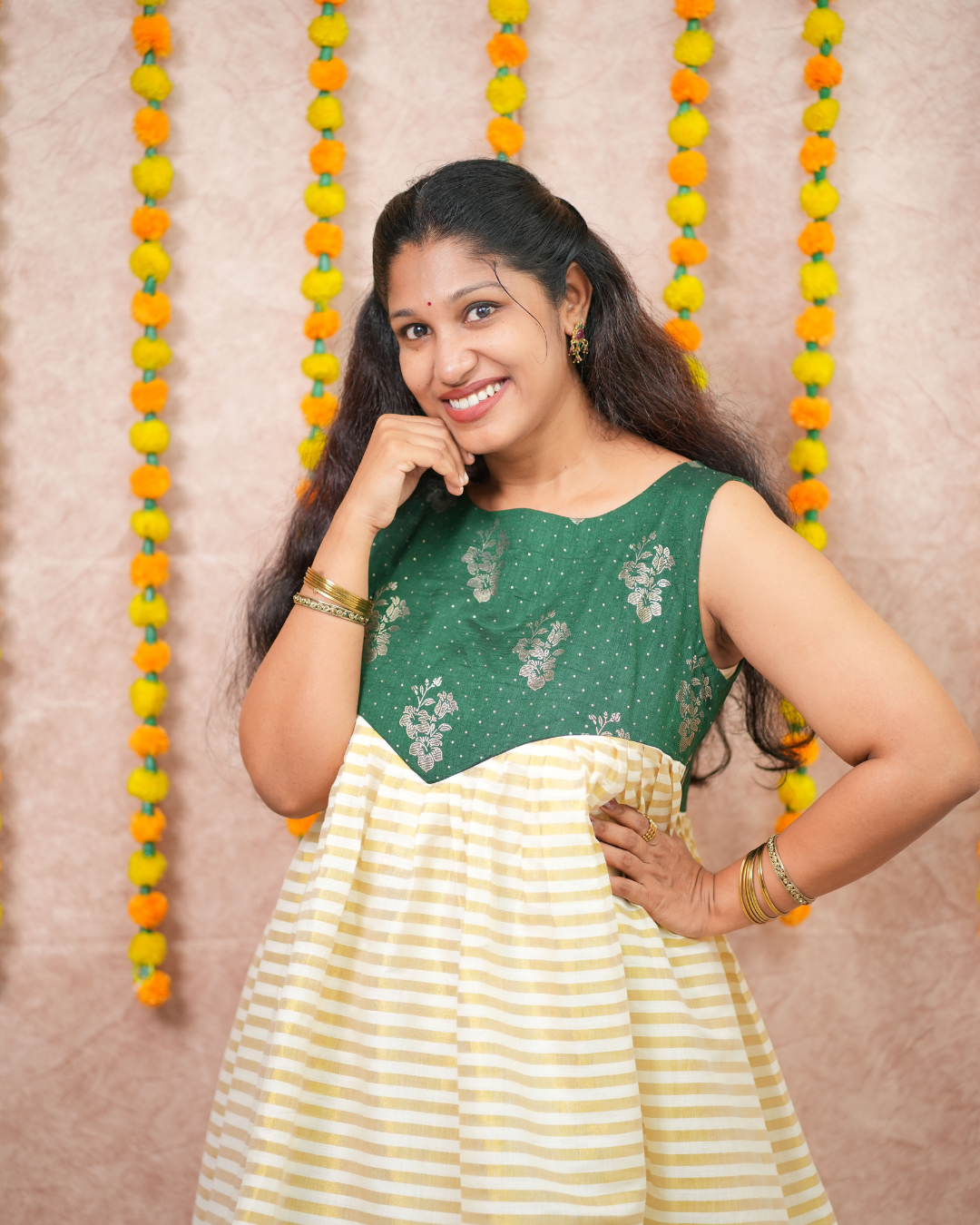 Bottle Green Vichithra Silk and Golden Tissue Festive Flare Dress